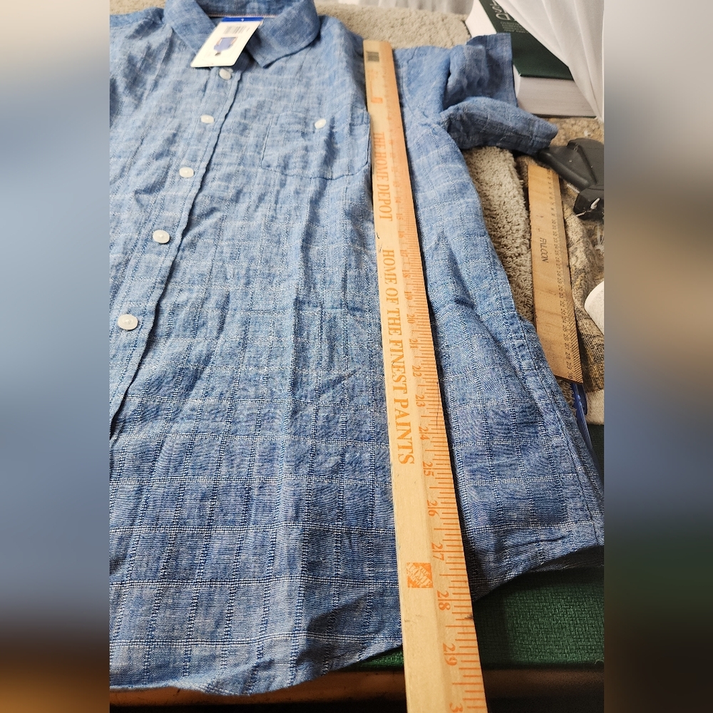 Men's Short Sleeve Linen Blend Blue Shirt - Weatherproof Vintage - L - Picture 9 of 12
